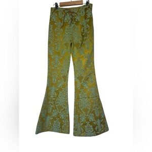 Free People Green and Gold Brocade lace up Flare Pants NWT